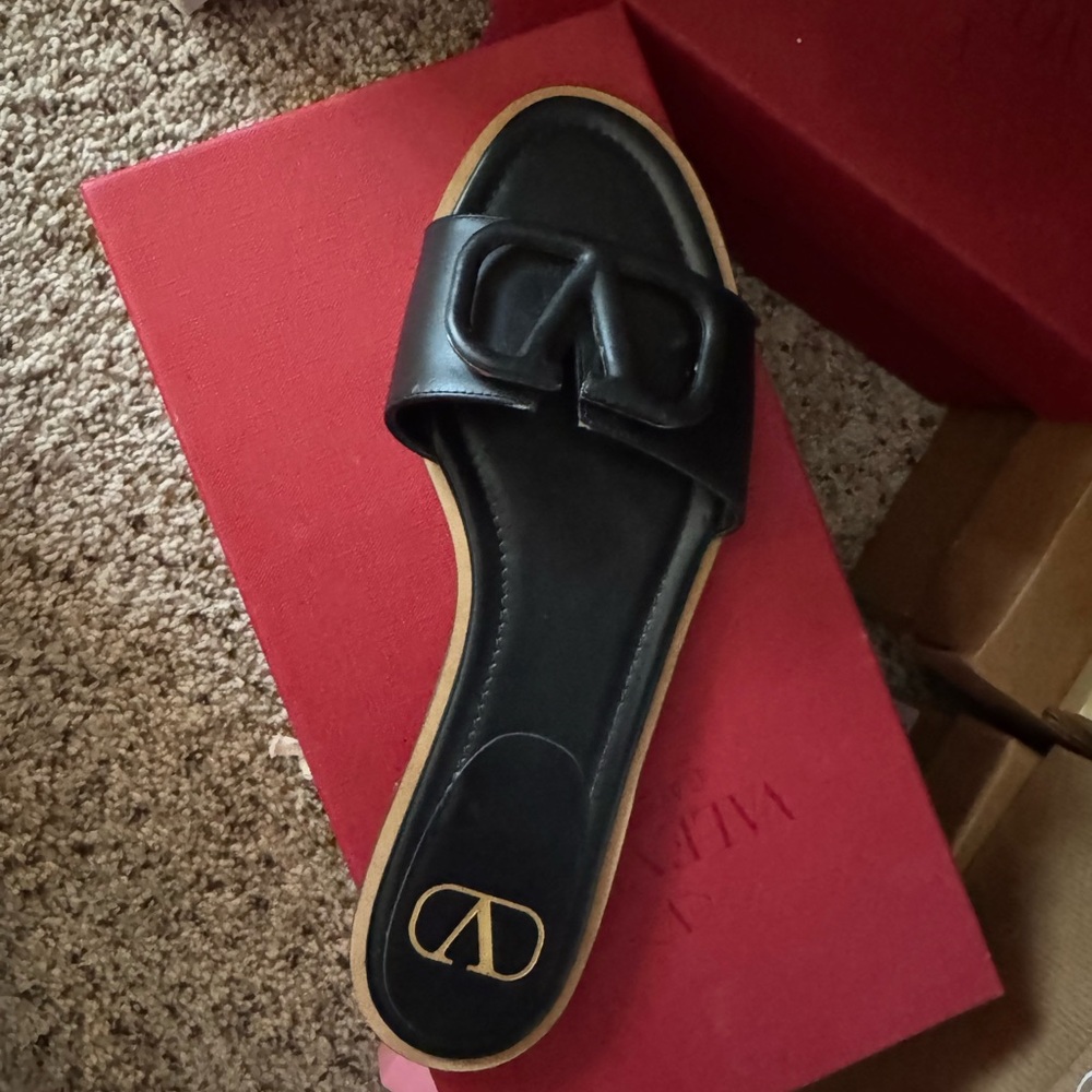 Valentino Black Leather Slide Sandals